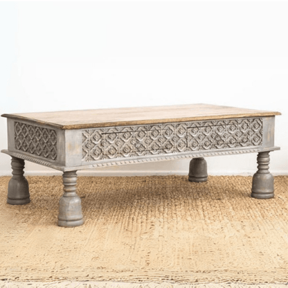 Antique Indian Hand Carved Wooden Coffee Table with Two Drawers Coffee Table - Bone Inlay Furnitures