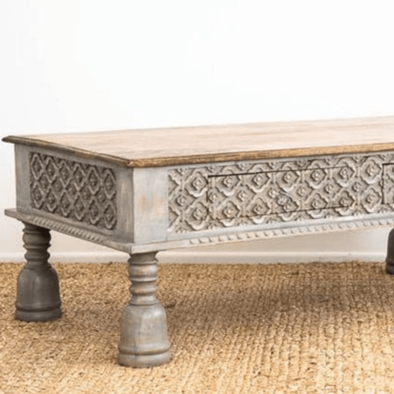 Antique Indian Hand Carved Wooden Coffee Table with Two Drawers Coffee Table - Bone Inlay Furnitures