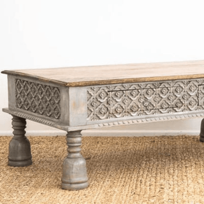 Antique Indian Hand Carved Wooden Coffee Table with Two Drawers Coffee Table - Bone Inlay Furnitures