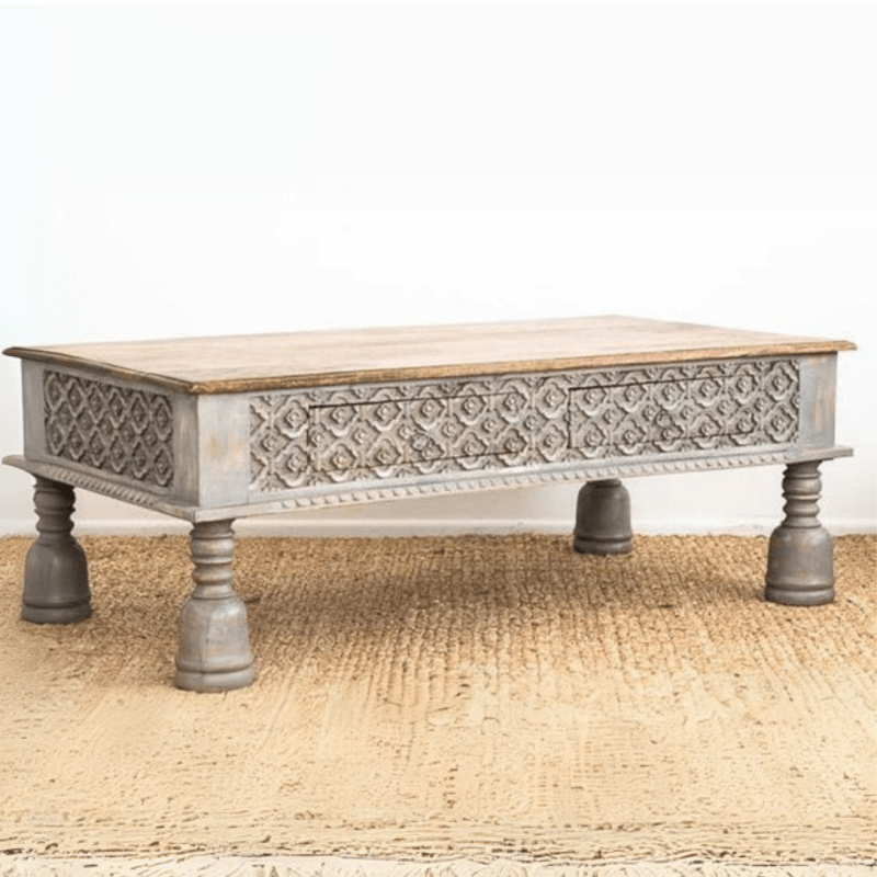 Antique Indian Hand Carved Wooden Coffee Table with Two Drawers Coffee Table - Bone Inlay Furnitures
