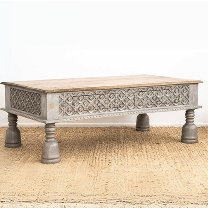 Antique Indian Hand Carved Wooden Coffee Table with Two Drawers Coffee Table - Bone Inlay Furnitures