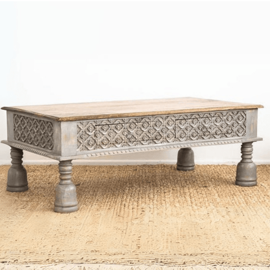 Antique Indian Hand Carved Wooden Coffee Table with Two Drawers Coffee Table - Bone Inlay Furnitures