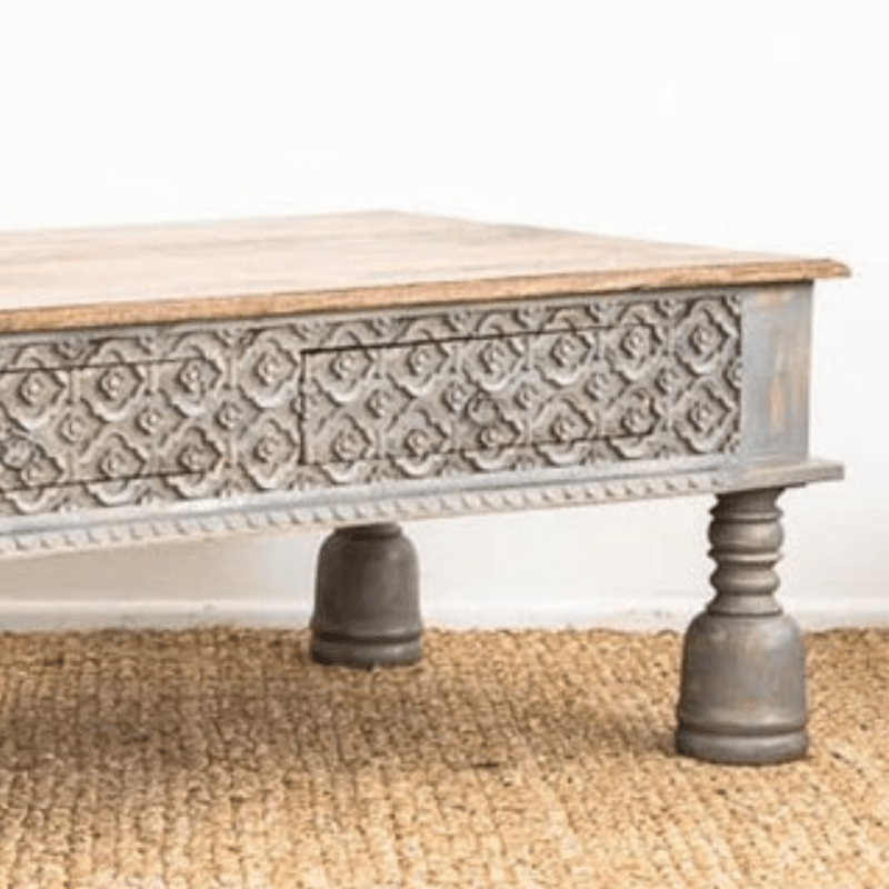 Antique Indian Hand Carved Wooden Coffee Table with Two Drawers Coffee Table - Bone Inlay Furnitures