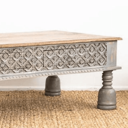 Antique Indian Hand Carved Wooden Coffee Table with Two Drawers Coffee Table - Bone Inlay Furnitures