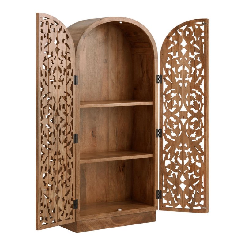 Arched Two Door Hand Carved Floral Solid Wood Armoire – Bohemian Bedroom Storage Wardrobe Armoire - Bone Inlay Furnitures