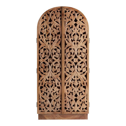 Arched Two Door Hand Carved Floral Solid Wood Armoire – Bohemian Bedroom Storage Wardrobe Armoire - Bone Inlay Furnitures