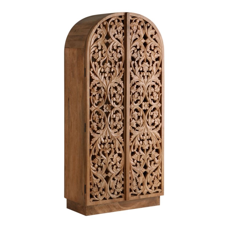 Arched Two Door Hand Carved Floral Solid Wood Armoire – Bohemian Bedroom Storage Wardrobe Armoire - Bone Inlay Furnitures