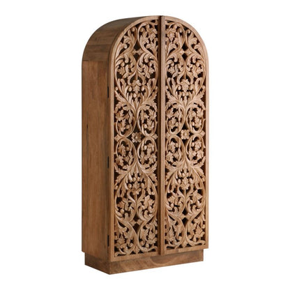Arched Two Door Hand Carved Floral Solid Wood Armoire – Bohemian Bedroom Storage Wardrobe Armoire - Bone Inlay Furnitures