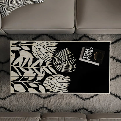Artisan bone inlay rectangular tulip coffee table in mango wood, black and white handmade design, elegant center table for home decor
