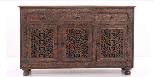 Artisan - Carved Wooden Sideboard Cabinet | Antique Distressed Storage Buffet Table Buffet & Sideboard - Bone Inlay Furnitures