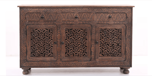Front view of a solid wood Indian sideboard featuring three drawers and three doors with intricate hand-carved Jali geometric fretwork in a dark brown finish.