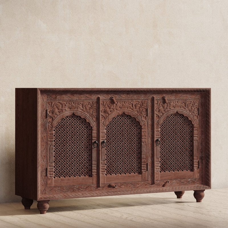 Artisan - Carved Wooden Sideboard Cabinet | Black Distressed Buffet Table Buffet & Sideboard - Bone Inlay Furnitures
