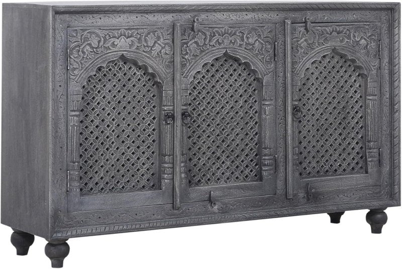 Artisan - Carved Wooden Sideboard Cabinet | Black Distressed Buffet Table Buffet & Sideboard - Bone Inlay Furnitures