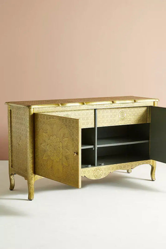 Artisan White Buffet Table | Hand - Embossed Indian Metal Sideboard Buffet & Sideboard - Bone Inlay Furnitures