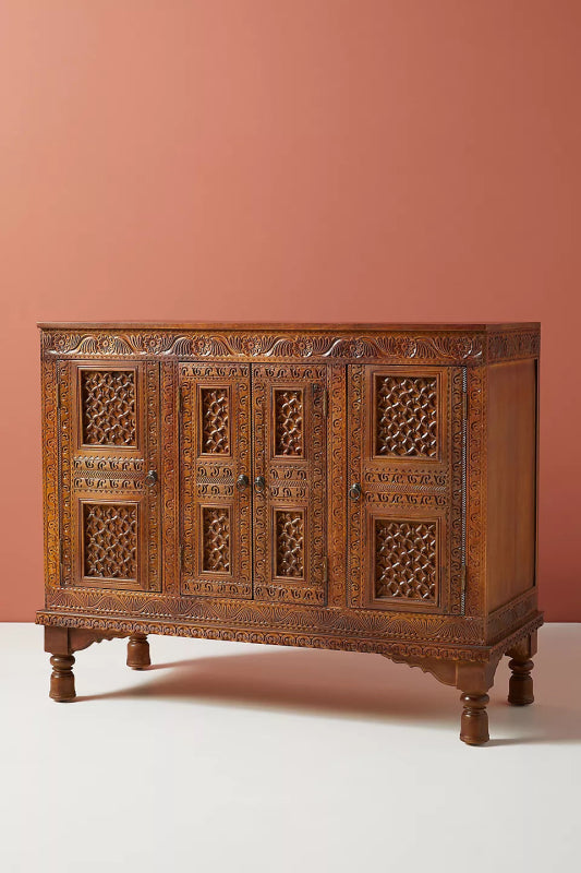 Beautiful Brown Wooden Buffet Table | Hand - Carved Checkered Design Buffet & Sideboard - Bone Inlay Furnitures