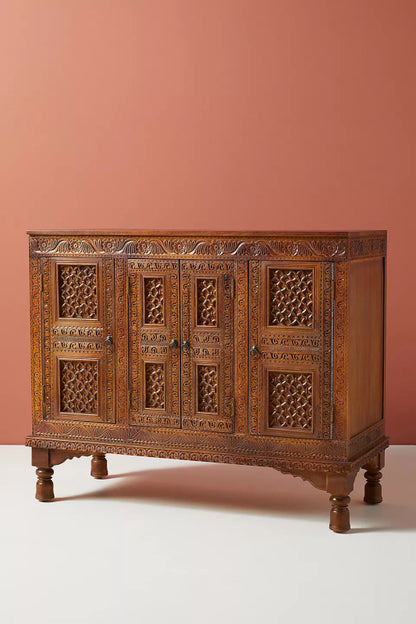 Beautiful Brown Wooden Buffet Table | Hand - Carved Checkered Design Buffet & Sideboard - Bone Inlay Furnitures