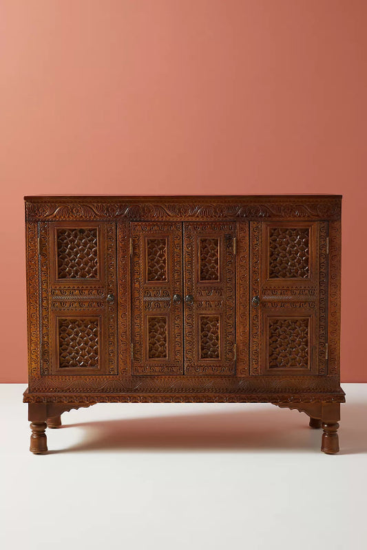 Beautiful Brown Wooden Buffet Table | Hand - Carved Checkered Design Buffet & Sideboard - Bone Inlay Furnitures