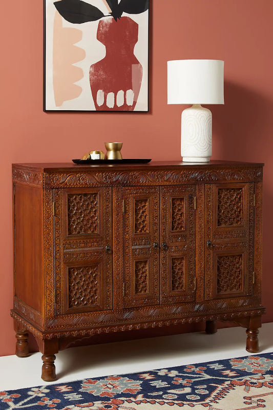 Beautiful Brown Wooden Buffet Table | Hand - Carved Checkered Design Buffet & Sideboard - Bone Inlay Furnitures