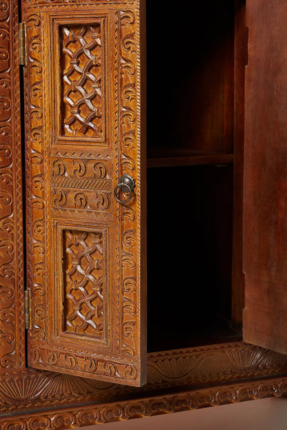 Beautiful Brown Wooden Buffet Table | Hand - Carved Checkered Design Buffet & Sideboard - Bone Inlay Furnitures