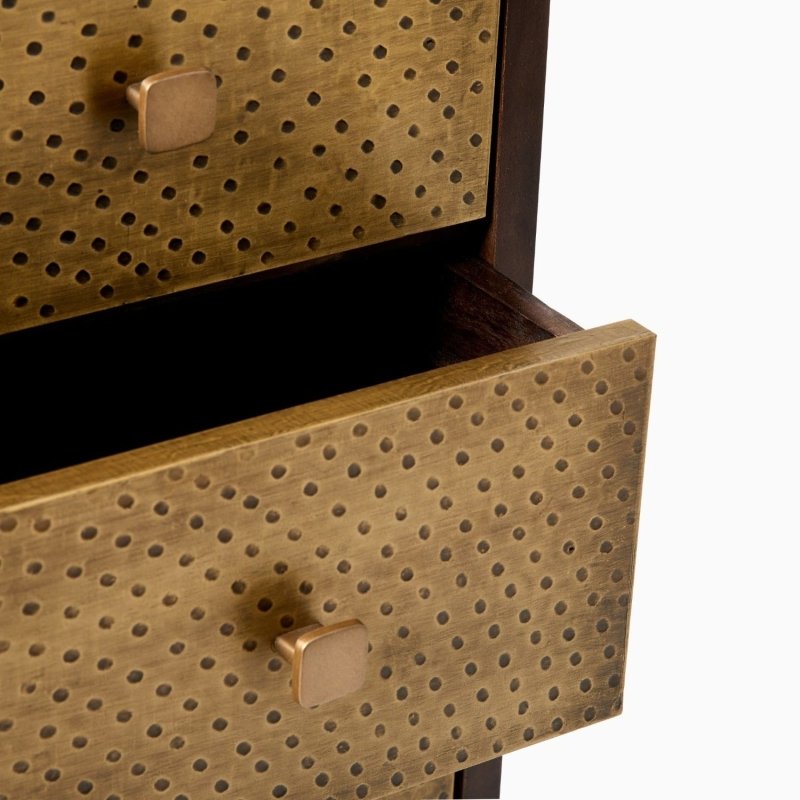 Golden brass dresser with five spacious drawers and embossed metal fronts for bedroom storage