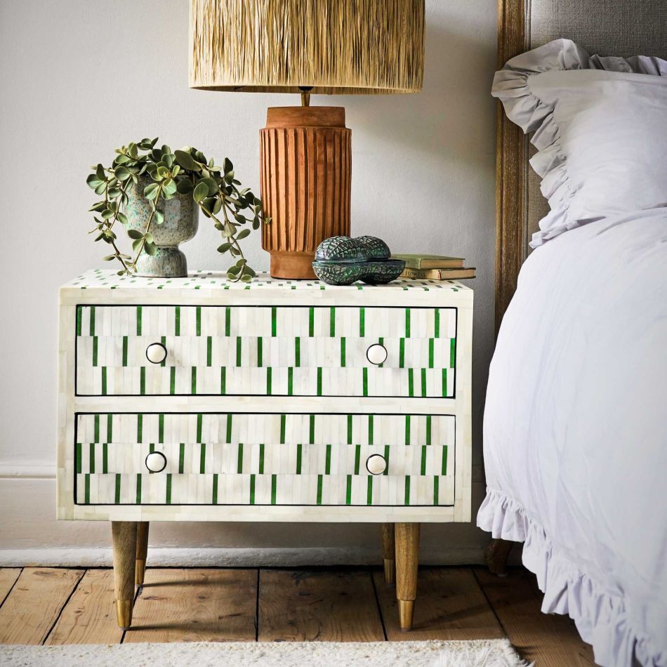 Handcrafted green and white bone inlay 2 drawer nightstand with geometric vertical dash pattern, brass ring knobs and tapered brass-tipped solid wood legs
