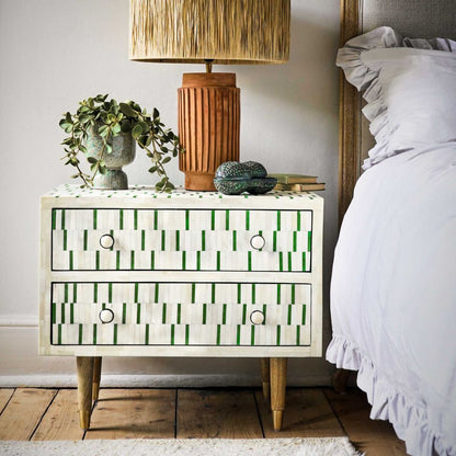 Handcrafted green and white bone inlay 2 drawer nightstand with geometric vertical dash pattern, brass ring knobs and tapered brass-tipped solid wood legs