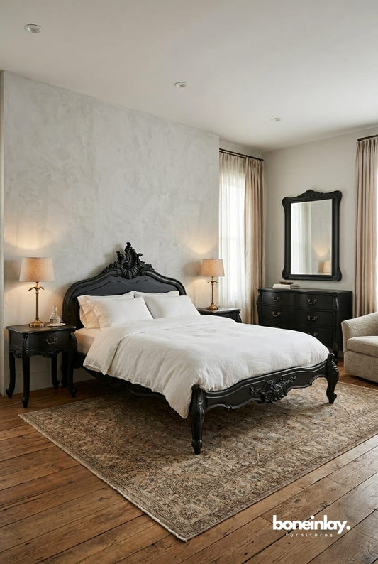 A sophisticated "Neo-Deco" bedroom scene featuring the Menara set. The ornate black-carved bed is dressed in crisp white linens, set against light grey paneled walls with a matching black nightstand and a textured ivory rug.