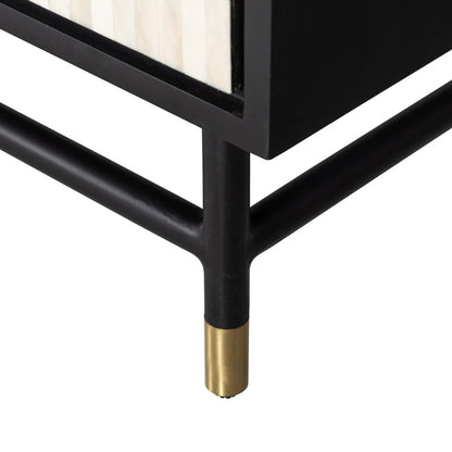 Brass-capped feet on black metal trestle base of handmade bone inlay sideboard, luxury furniture joinery and frame construction detail