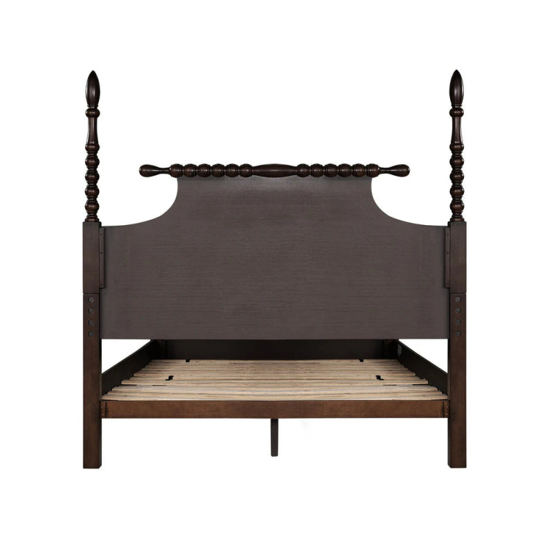 Handmade solid wood bed with a dark finish and four-poster design.