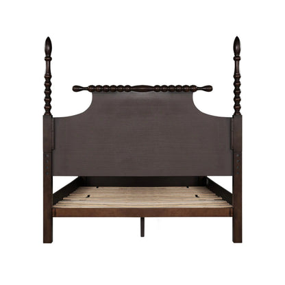Handmade solid wood bed with a dark finish and four-poster design.