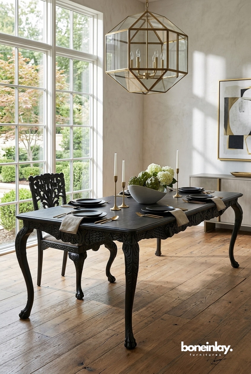 A sophisticated dining room featuring a black menagerie hand-carved wooden dining table with ornate cabriole legs, styled with gold candles and white flowers under a large geometric gold pendant light.