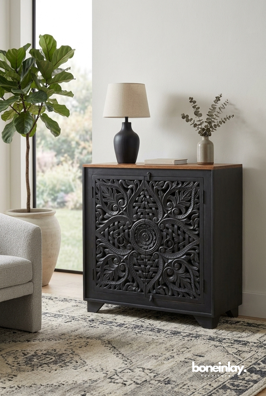 Black Hand Carved Wooden Accent Cabinet with Floral Medallion Doors