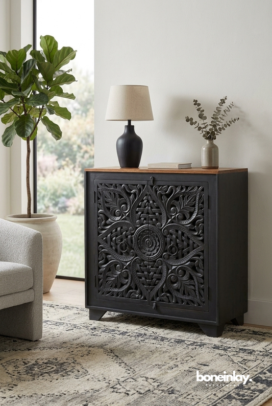 Black Hand Carved Wooden Accent Cabinet with Floral Medallion Doors