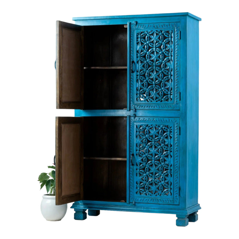 Blue Hand Carved Solid Wood Armoire – Eclectic Two Door Wardrobe Closet Armoire - Bone Inlay Furnitures