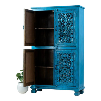 Blue Hand Carved Solid Wood Armoire – Eclectic Two Door Wardrobe Closet Armoire - Bone Inlay Furnitures