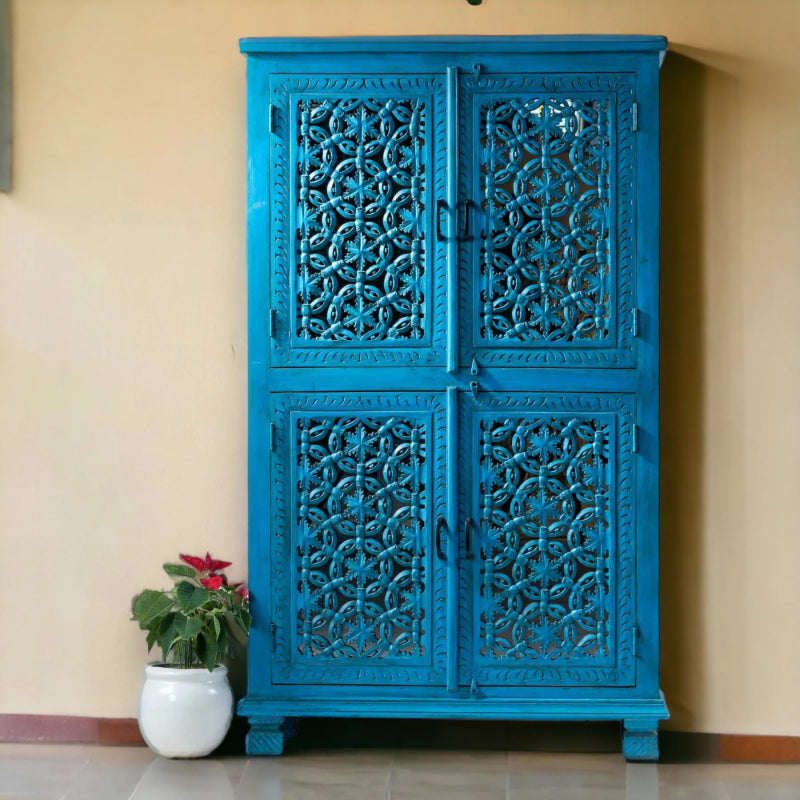 Blue Hand Carved Solid Wood Armoire – Eclectic Two Door Wardrobe Closet Armoire - Bone Inlay Furnitures