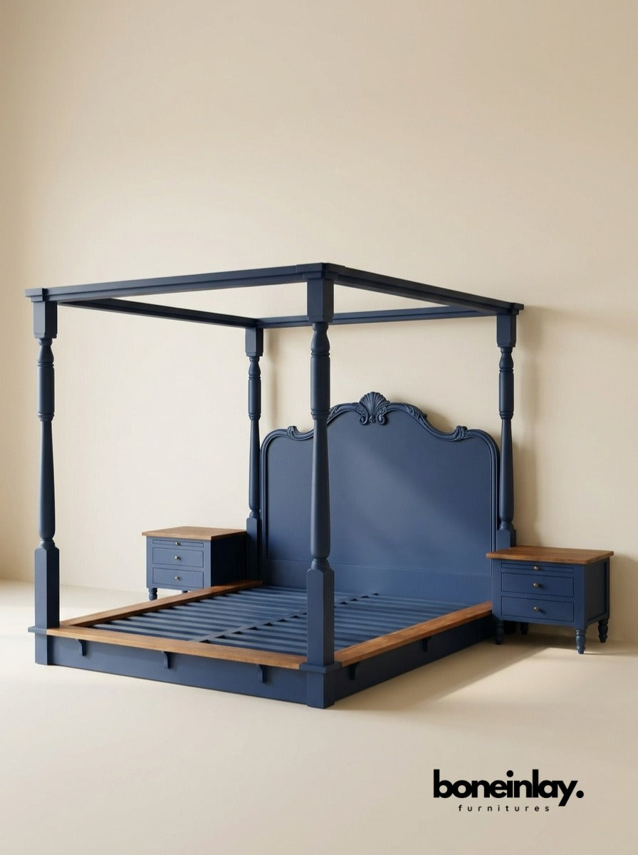 A studio shot from the file showcasing a premium 6-piece hand-carved canopy bedroom set featuring a dark navy blue four-poster bedframe with a scrolled crown headboard and two matching blue nightstands with warm natural wood tops.