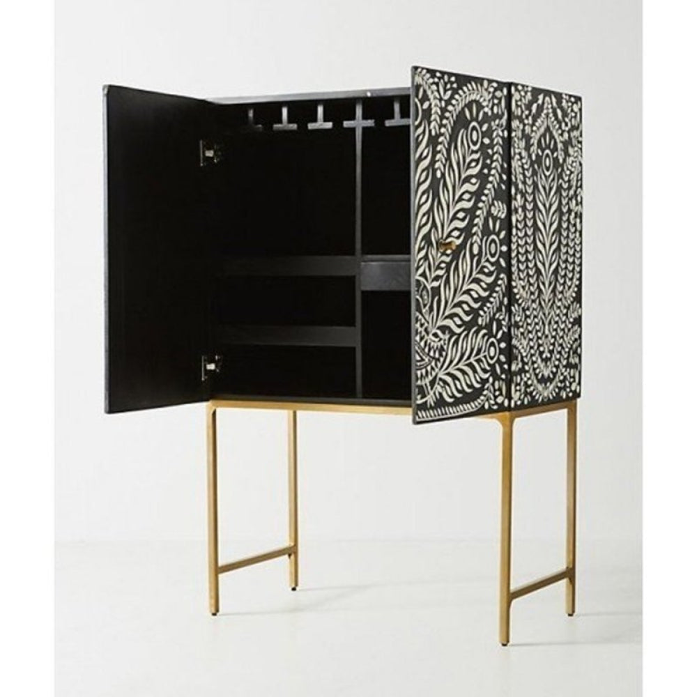 bone inlay peacock bar cabinet showing shelves and wine glass holder rack – handmade Indian furniture

