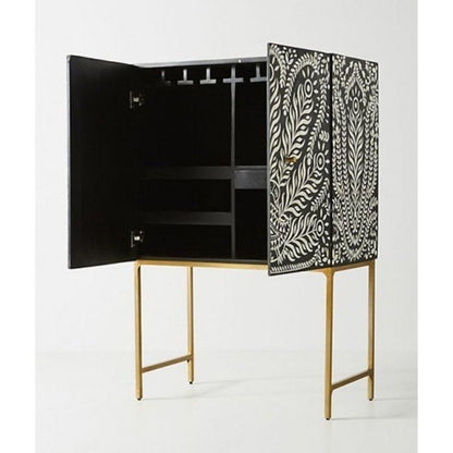 bone inlay peacock bar cabinet showing shelves and wine glass holder rack – handmade Indian furniture
