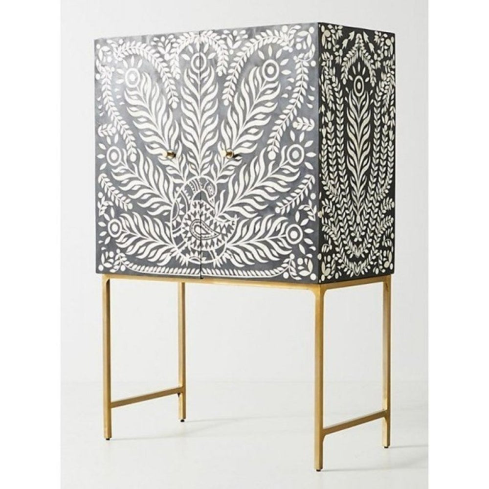 Black white bone inlay bar cabinet with intricate floral peacock motif and gold metal legs – luxury Indian home decor