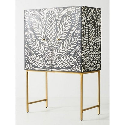 Black white bone inlay bar cabinet with intricate floral peacock motif and gold metal legs – luxury Indian home decor