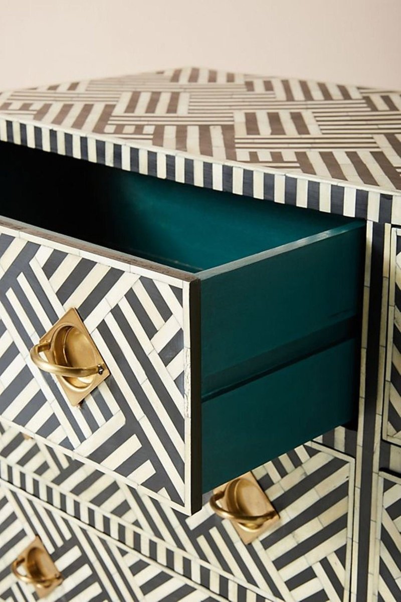 Handmade Bone Inlay Herringbone Optical Chest of Six Drawers
