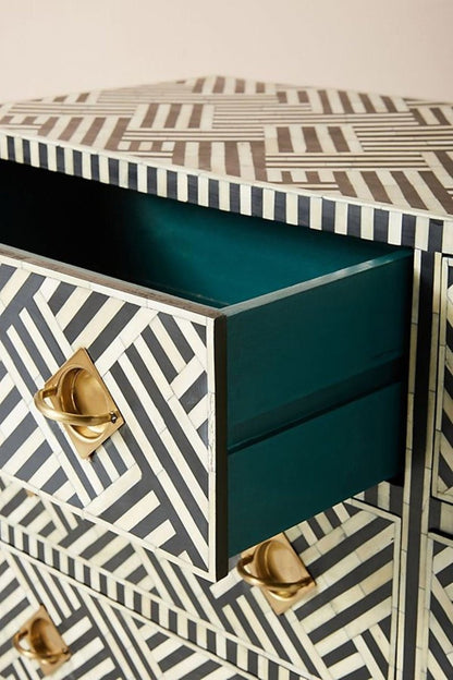 Handmade Bone Inlay Herringbone Optical Chest of Six Drawers