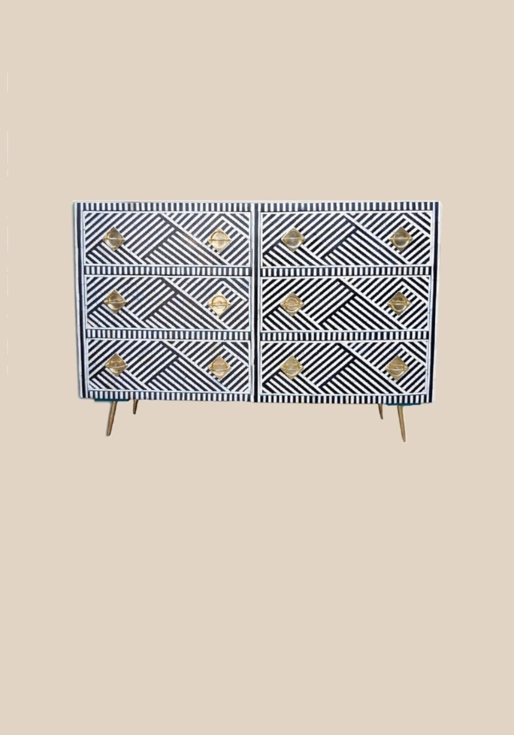 Handmade Bone Inlay Herringbone Optical Chest of Six Drawers