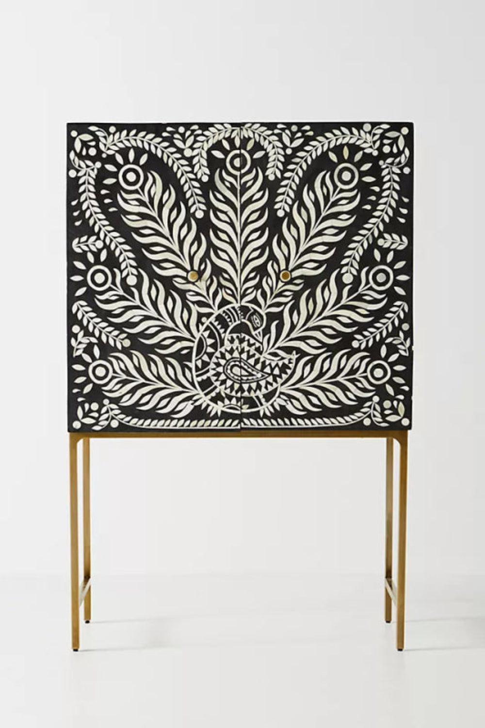 Handcrafted bone inlay peacock design bar cabinet in black and white on gold brass stand – Indian artisan furniture