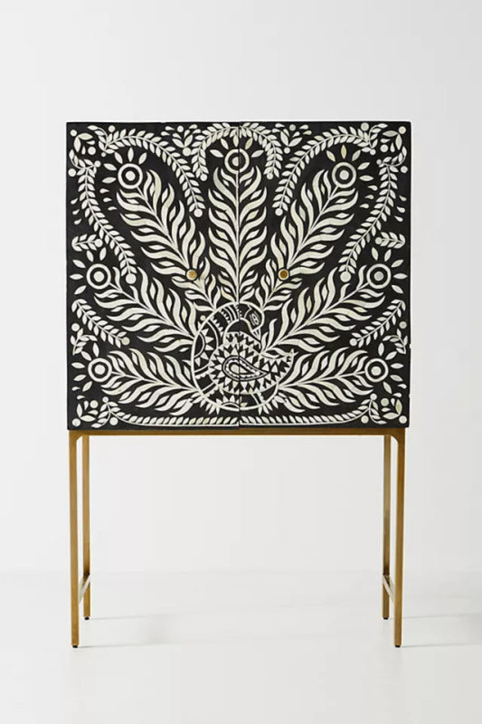 Handcrafted bone inlay peacock design bar cabinet in black and white on gold brass stand – Indian artisan furniture