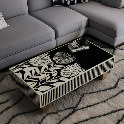Black and white botanical bone inlay rectangular coffee table, handcrafted tulip motif, premium artisan mango wood center table