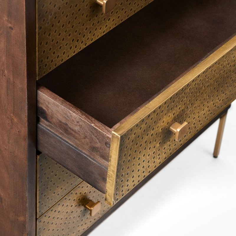 Manor Chest of Five Drawers with Brass Cladding with close up drawers view