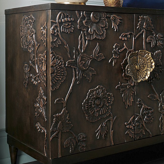 Brown Floral Design Miri Hand Carved Sideboard Buffet & Sideboard - Bone Inlay Furnitures