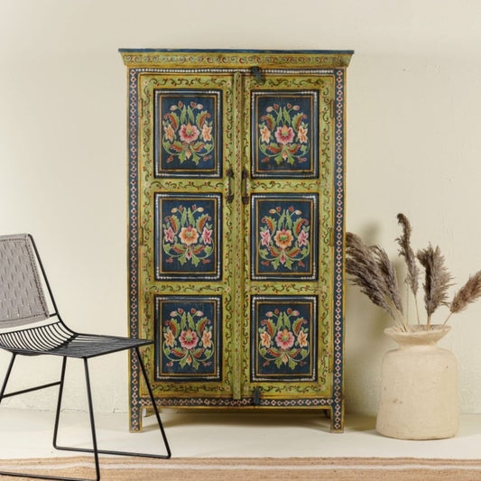 Brutalist Hand Painted Solid Wood Armoire – Vintage Two Door Wardrobe Closet Armoire - Bone Inlay Furnitures